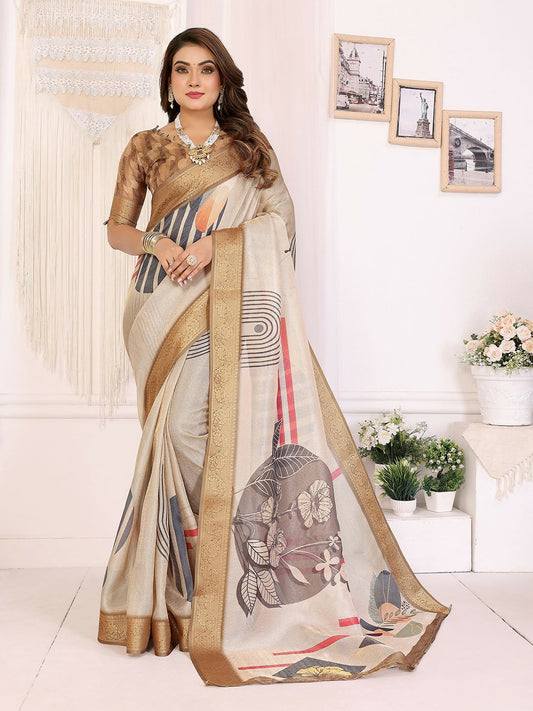 Joban Fashion Beige Art Print pattern Banarasi Silk Sarees | Swadesiicart