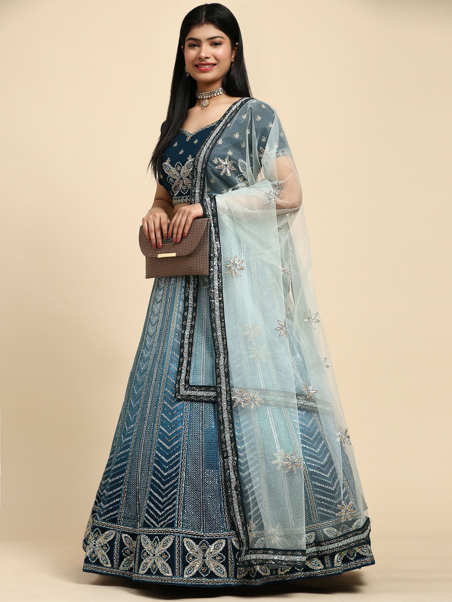 Blue Fancy Net Sequence Embroidered Lehenga Choli with Dupatta - Dhara | Swadesiicart