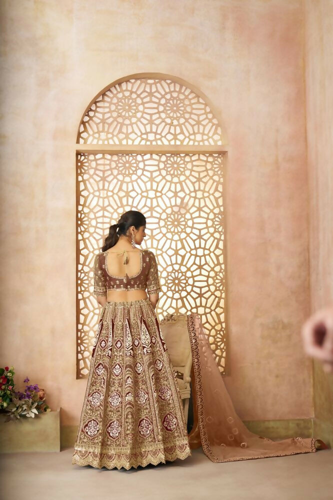 Kesar Fab Coffee Banarasi Silk Embroidered Lehenga | Swadesiicart