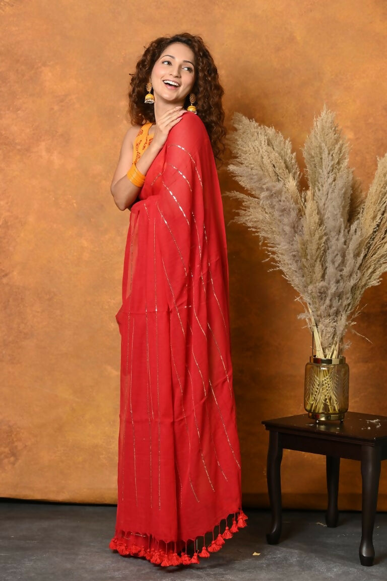 Very Much Indian Pure Mul Cotton Handloom Saree - Red | Swadesiicart