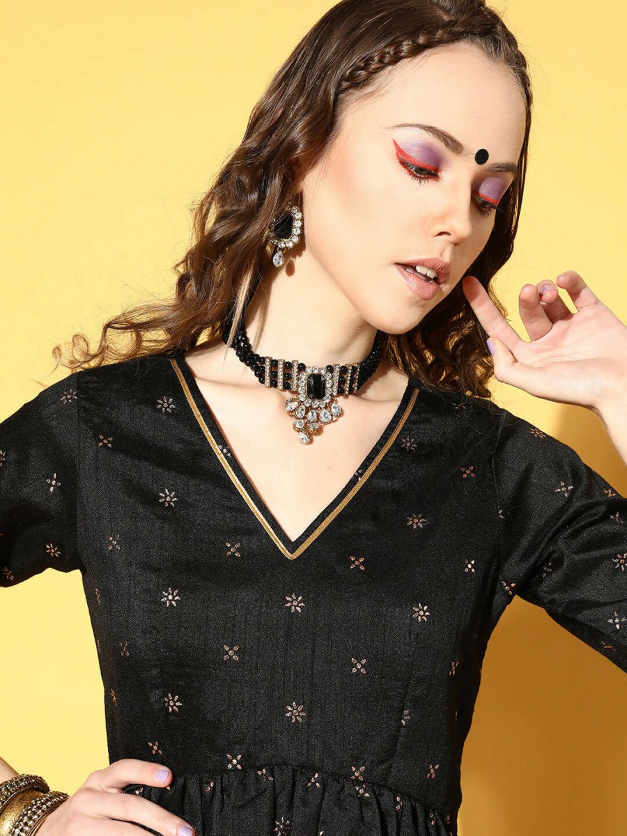 Ahalyaa Women Black Colour Poly Silk Copper Printed Top Palazzo Set | Swadesiicart