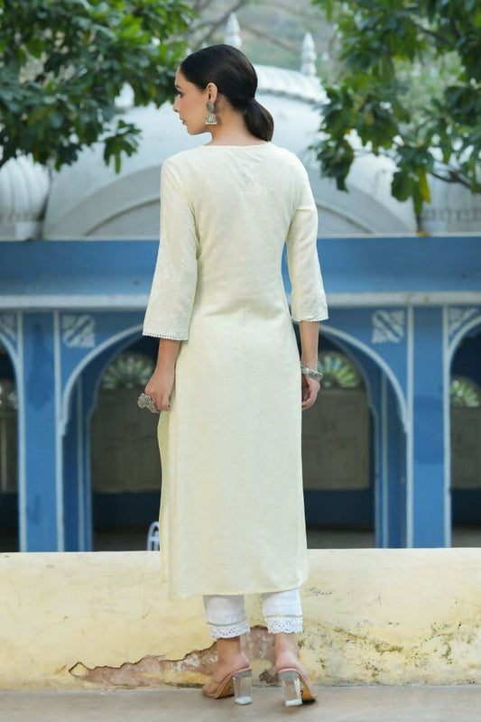 Juniper Light Yellow Ethnic Motif Printed Rayon Kurta With Lace Work - Swadesiicart