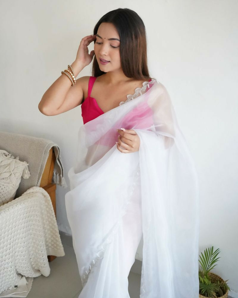 Vamsee Sheetal White Organza Saree - Swadesiicart