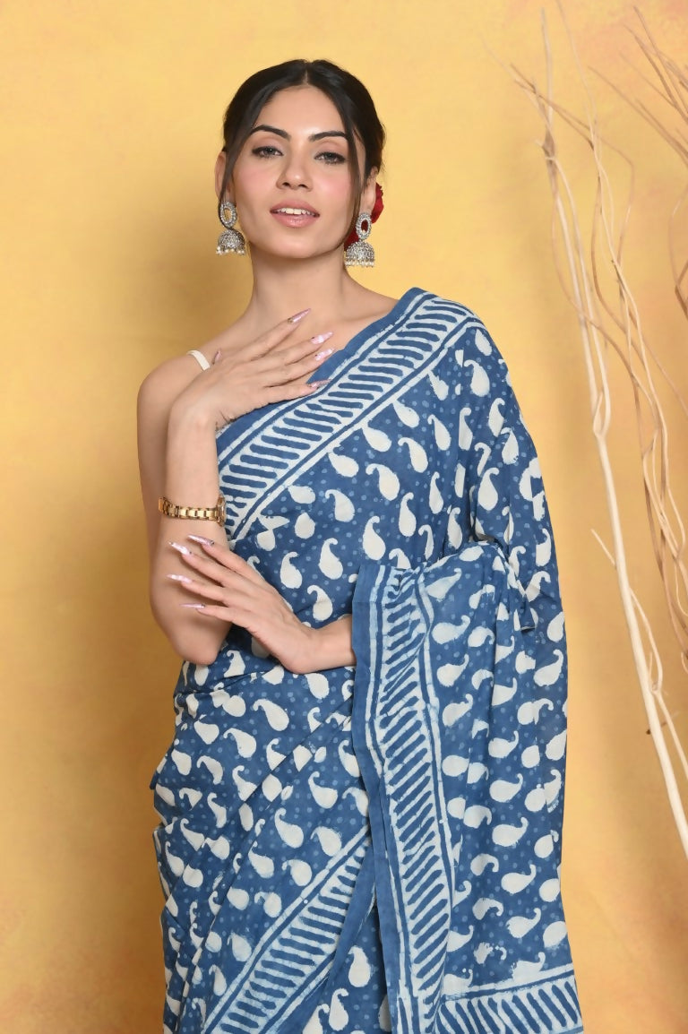Very Much Indian Handblock Printed Cotton Saree With Natural Dyes - Blue | Swadesiicart