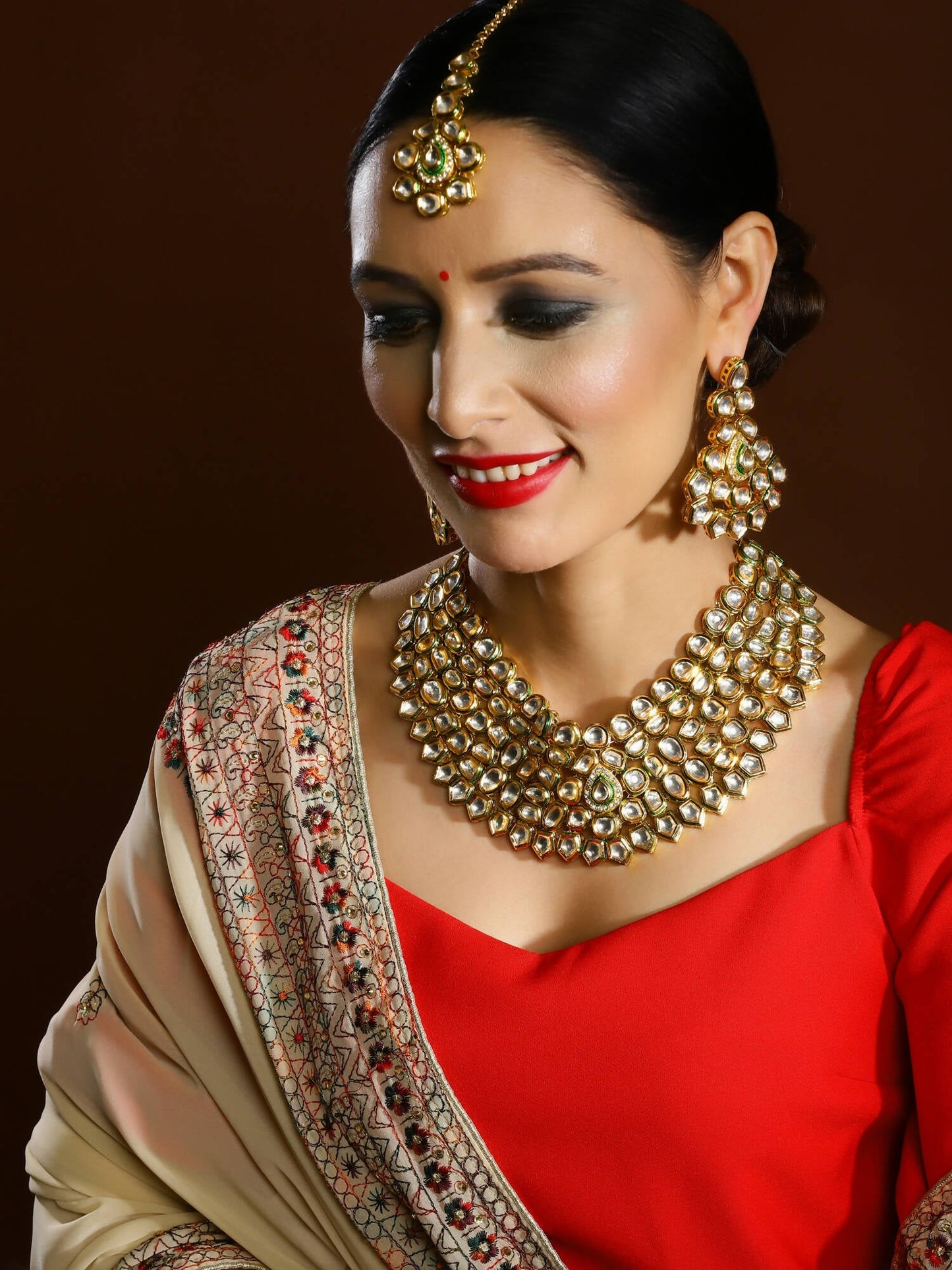 Gold-Polished Maharani Kundan Neckpiece With Earrings And Maang Tikka - Ruby Raang - Ruby Raang Studio