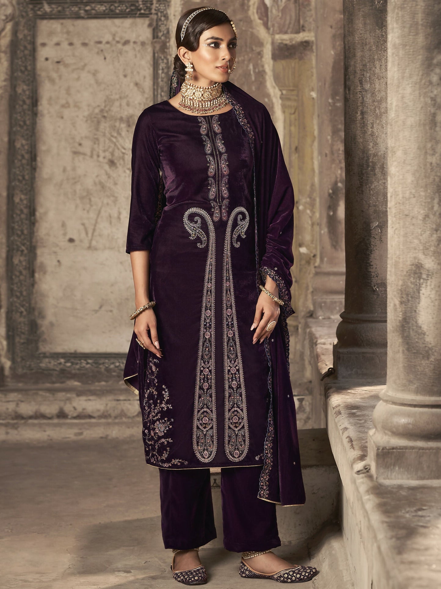 Jyoti Fashion Women's Wine Velvet Floral Resham Thread with Jari work Kurta with Trouser & Dupatta | Swadesiicart