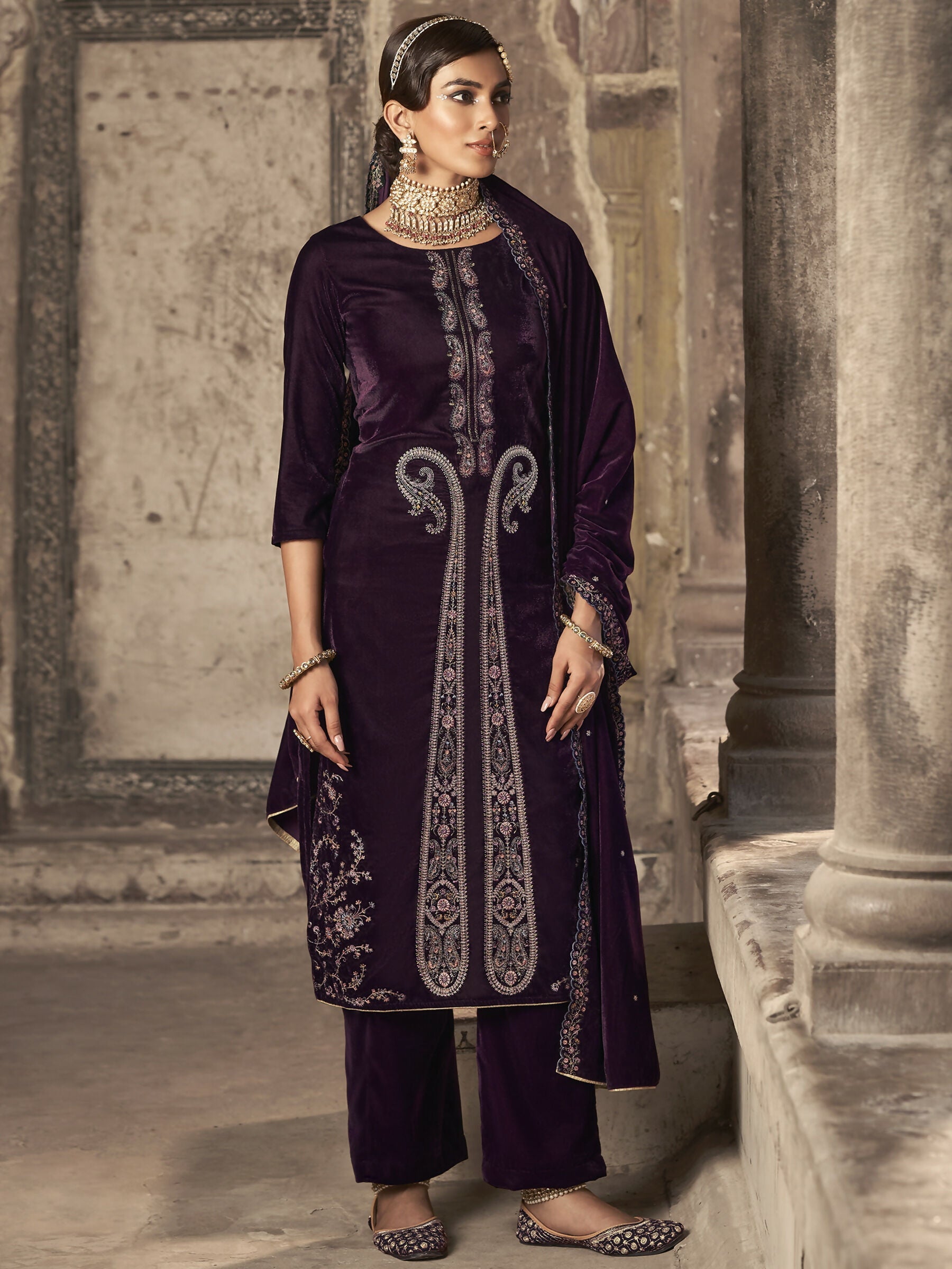 Jyoti Fashion Women's Wine Velvet Floral Resham Thread with Jari work Kurta with Trouser & Dupatta | Swadesiicart