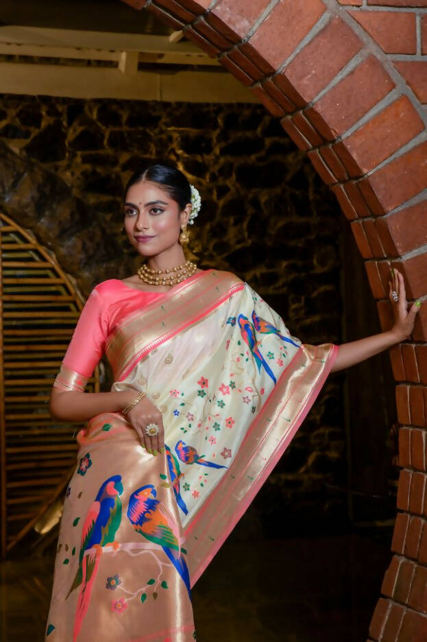 Vishnu Weaves Women's Cream Paithani Silk Zari Woven Saree with Unstitched Blouse - Swadesiicart