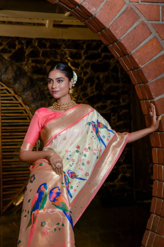 Vishnu Weaves Women's Cream Paithani Silk Zari Woven Saree with Unstitched Blouse - Swadesiicart