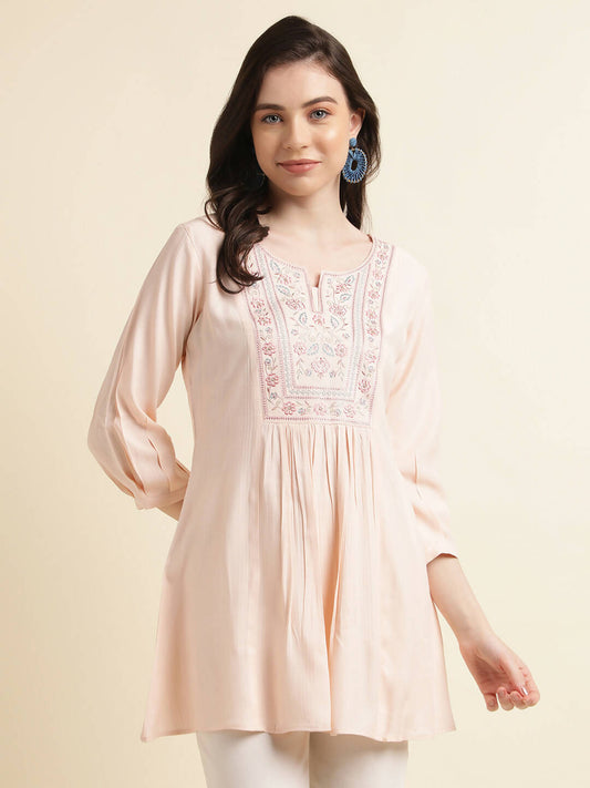 Peach Viscose Rayon Yoke Embroidered A-line Top - Tarini - Swadesiicart
