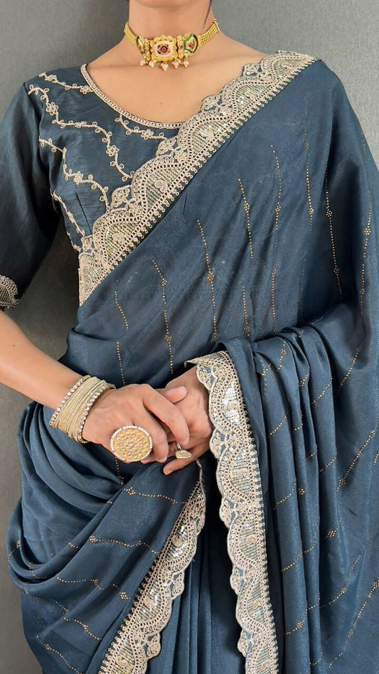 Vastranavya Sea Blue Georgette Silk Swarovski & Heavy Lace Work Ready to Wear Saree | Swadesiicart