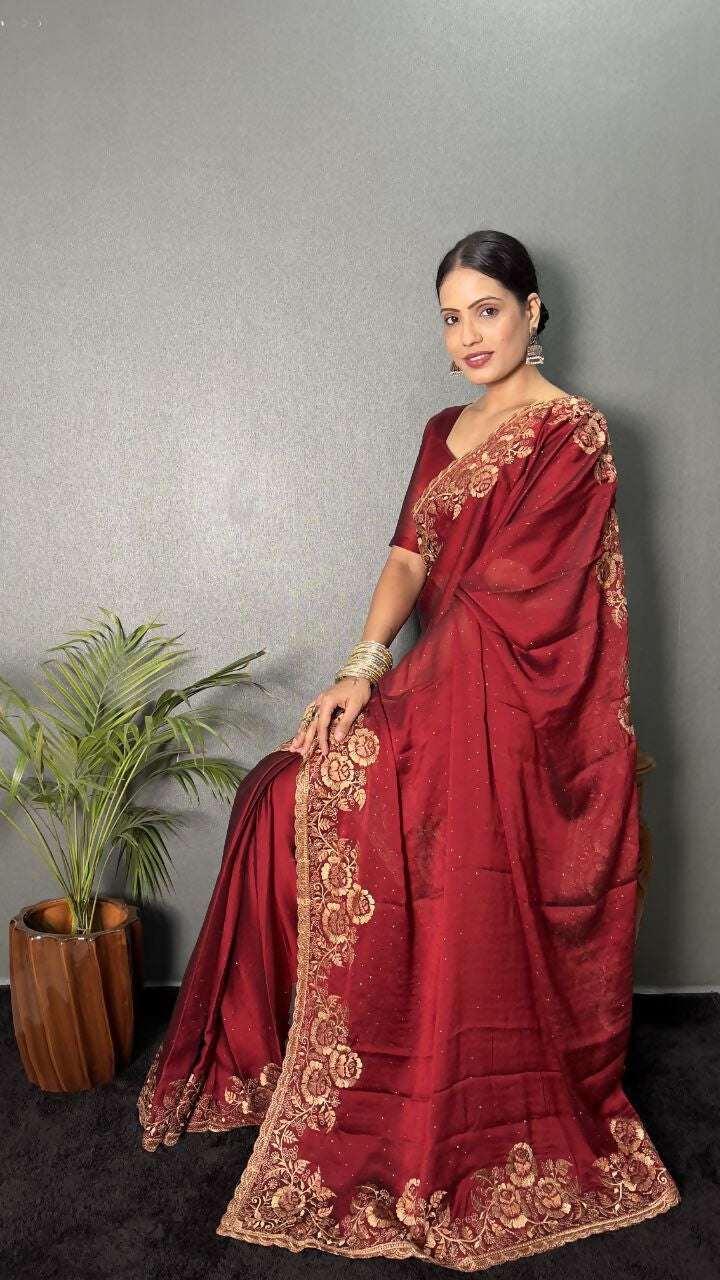 Vastranavya Maroon Rangoli Silk Zari work with DMC Swarovski work Ready to Wear Saree | Swadesiicart