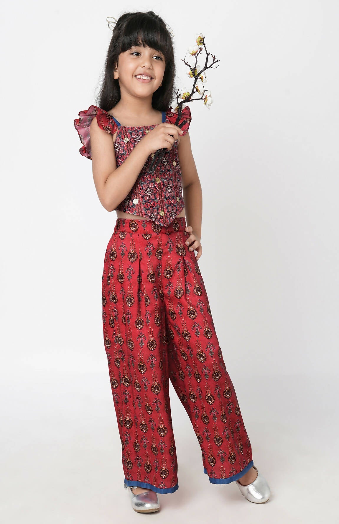 Lil Drama Ethnic Twist Girls Red Print Box Pleat Pant With Top Co-Ordinate Set - Swadesiicart