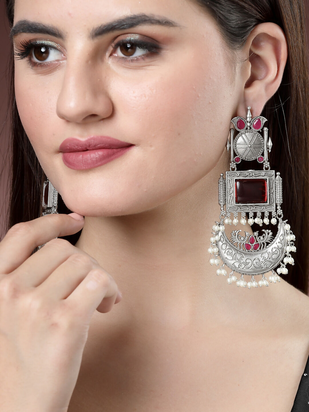 NVR Women's Silver-Plated Artificial Stones and Beads Chandbali Earrings | Swadesiicart