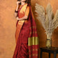 Very Much Indian Handloom Pure Cotton Linen Saree With Golden Border - Dark Maroon | Swadesiicart