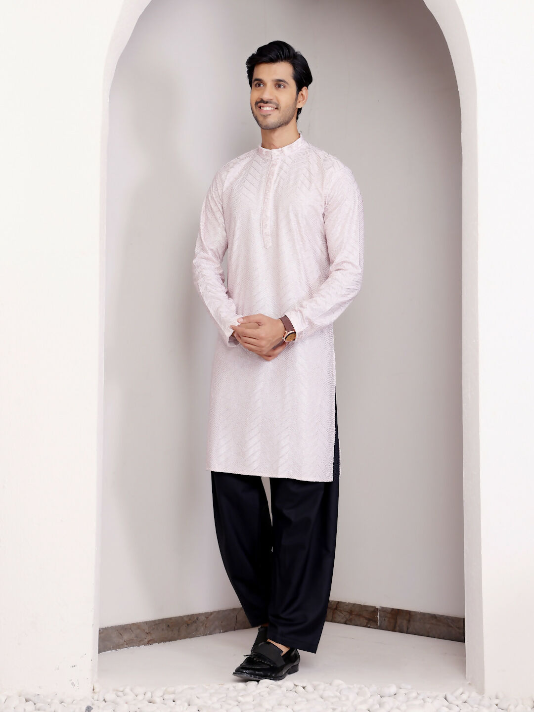 Light Pink Georgette Designer Chikankari Embroidery Work Men's Kurta - Mahotsav | Swadesiicart