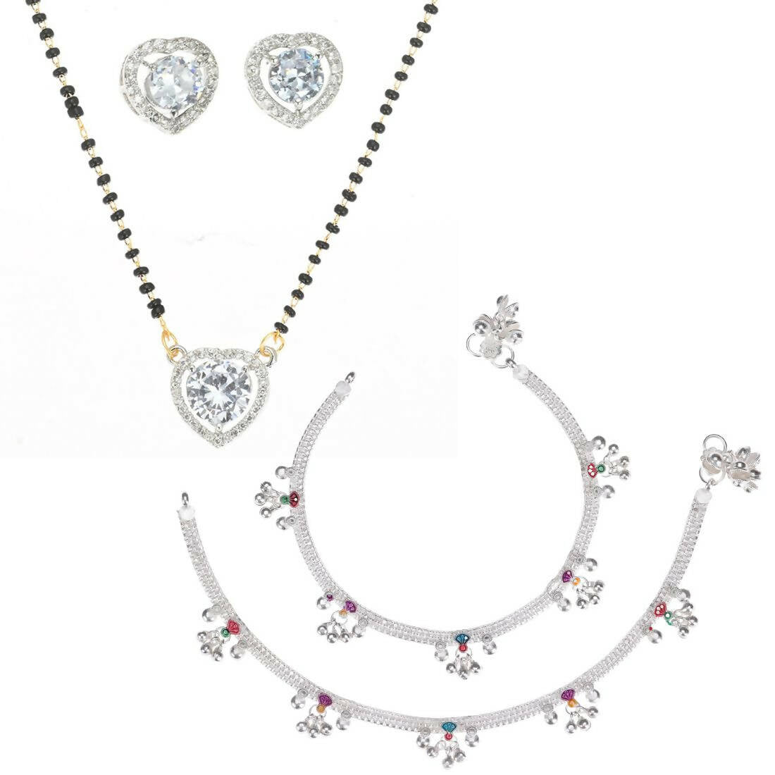 AanyaCentric Gold-Polished Mangalsutra Pendant Earring Set & Silver Plated Anklet