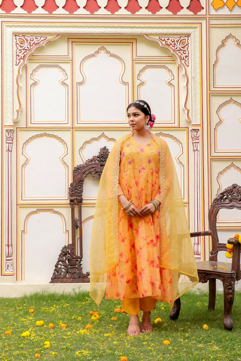 Vaasva Women Yellow Organza Floral Embroidered Anarkali Kurta, Pant & Dupatta set | Swadesiicart
