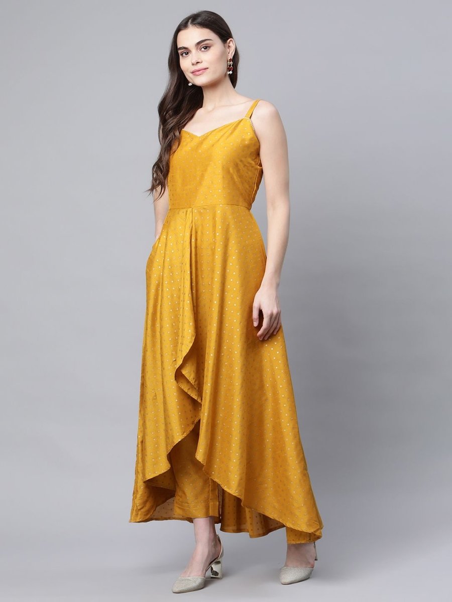 Ahalyaa Women Mustard Poly Silk Gold-Toned Printed Kurta With Trousers | Swadesiicart