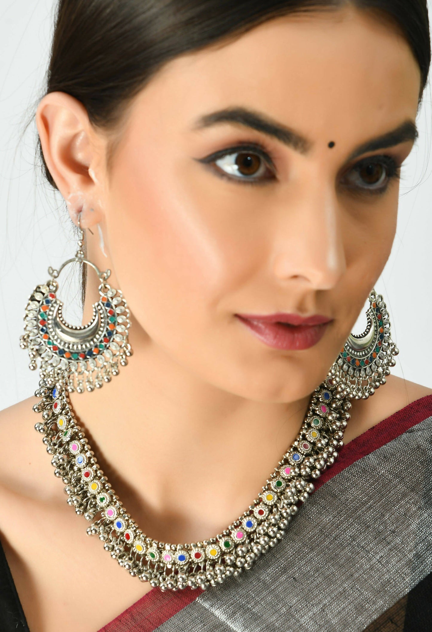 Mominos Fashion Johar Kamal Oxidised Silver-Plated Meena Work Choker Set | Swadesiicart