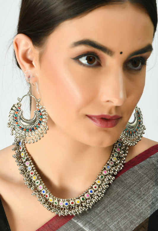 Mominos Fashion Johar Kamal Oxidised Silver-Plated Meena Work Choker Set | Swadesiicart
