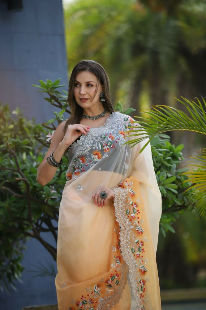 Vamsee Sanyogita Sanyogita - Yellow Organza Saree - Swadesiicart