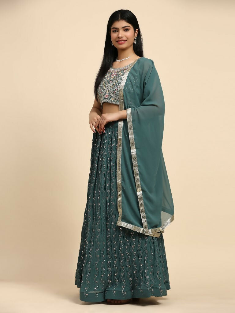 Green Georgette Embroidered Lehenga choli with Dupatta - Dhara | Swadesiicart