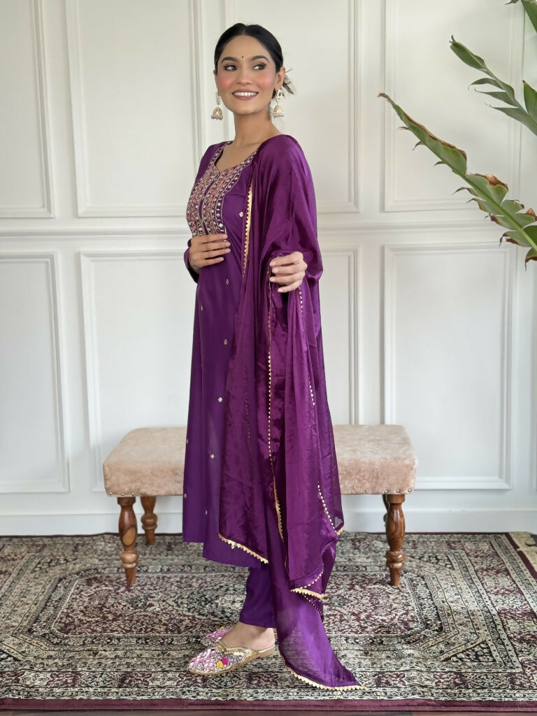 Purple Rayon Slub Stitched Suit With Dupatta - Tanisha | Swadesiicart