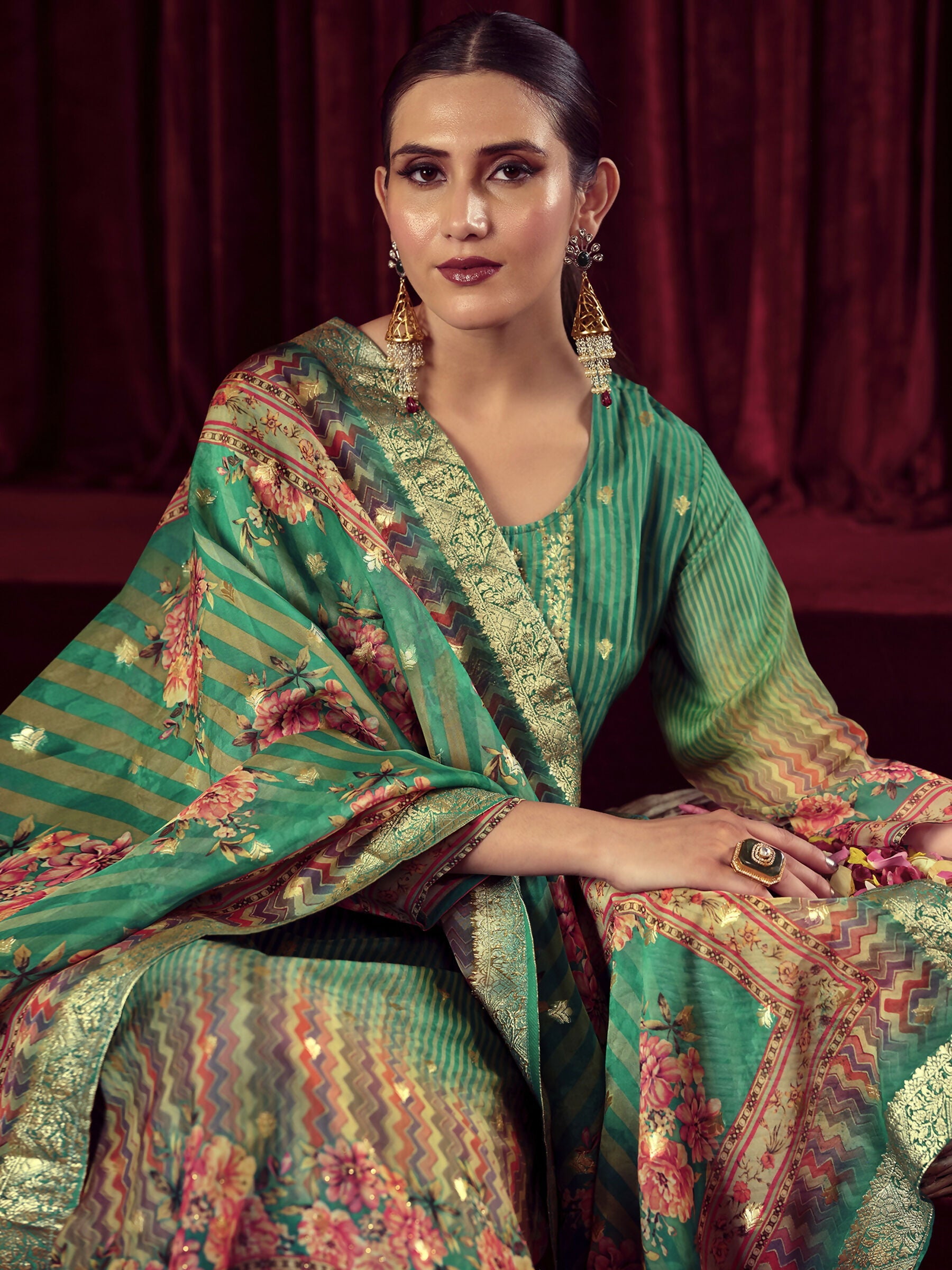 Jyoti Fashion Women's Green Organza Jacquard Woven Kurta with Trouser & Dupatta | Swadesiicart