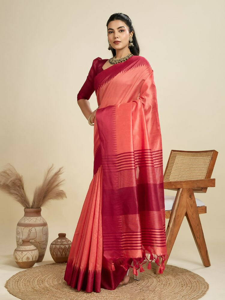 Vishnu Weaves Women's Gajri Raw Silk Thread Woven Saree with Blouse - Swadesiicart