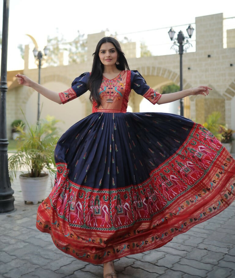 Jyoti Fashion Women's Navy Blue Patola with Foil Print Dola Silk Anarkali Dress | Swadesiicart