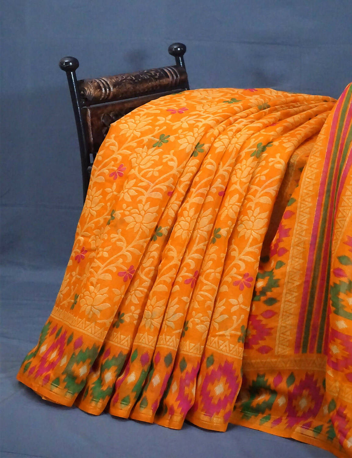 Shades Of Orange Floral Design Semi Chanderi Saree By Gayathri Reddy Designer Studio | Swadesiicart