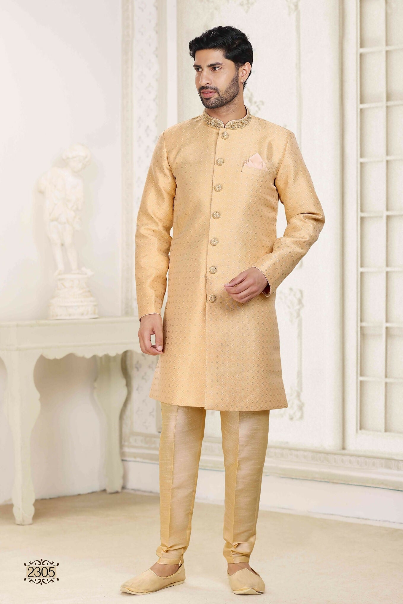 Raivat Ethnic Banarasi Jacquard Embroidery Semi Indo Western Sherwani In Beige Colour | Swadesiicart