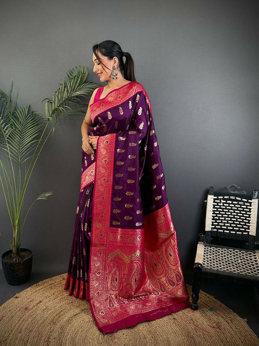 Joban Fashion Banarasi Purple Woven Butti Soft Silk Saree | Swadesiicart