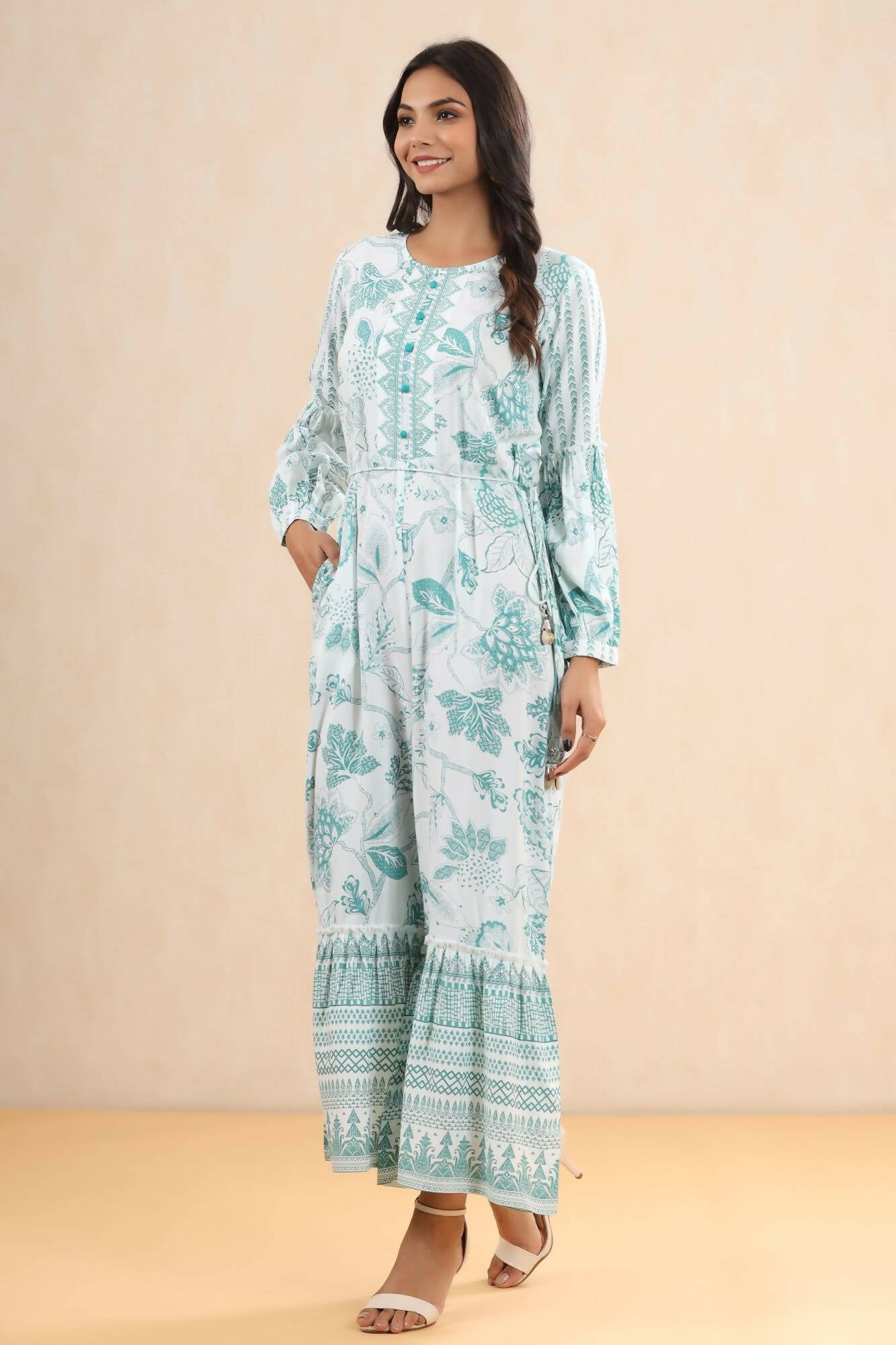 Juniper Women Teal Rayon Printed Straight Jumpsuit - Swadesiicart