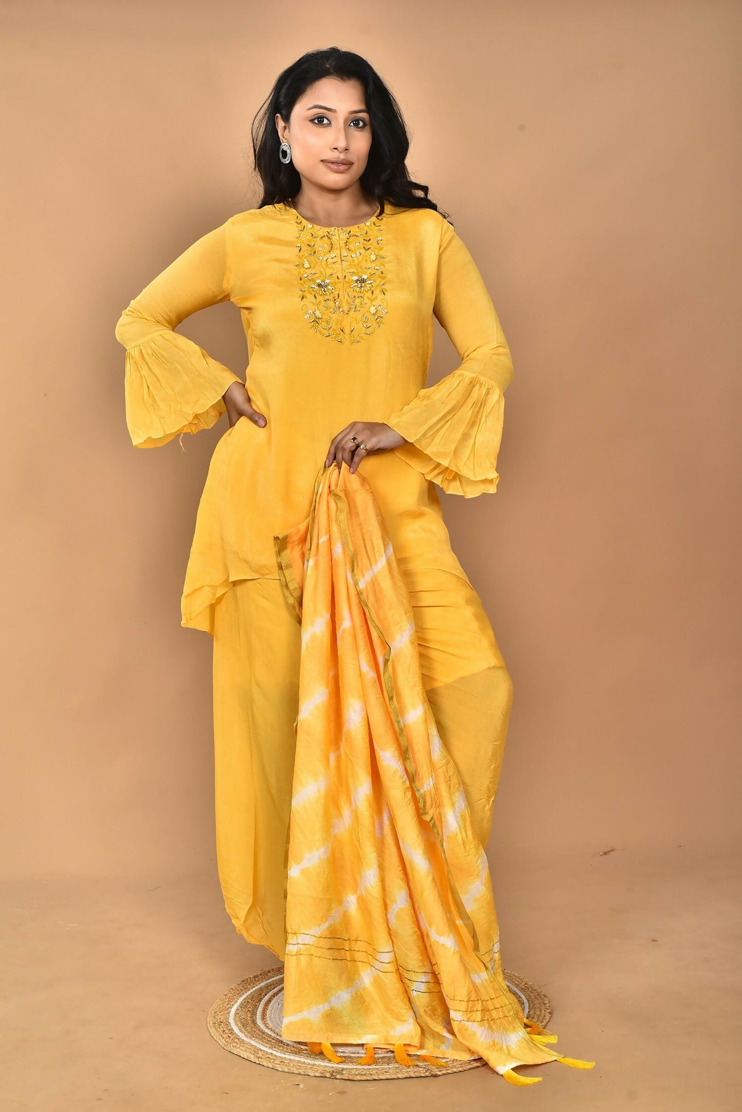 Morchari Women And Hand Embroidery Palazzo Set-Yellow - Swadesiicart