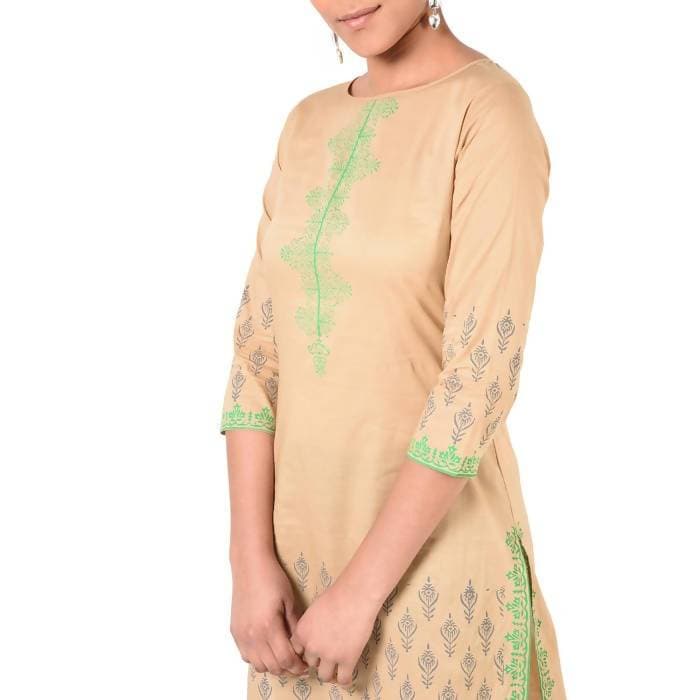 Aniyah Cotton Floral Print Straight Kurta In Beige Color (AN-170K) - Swadesiicart