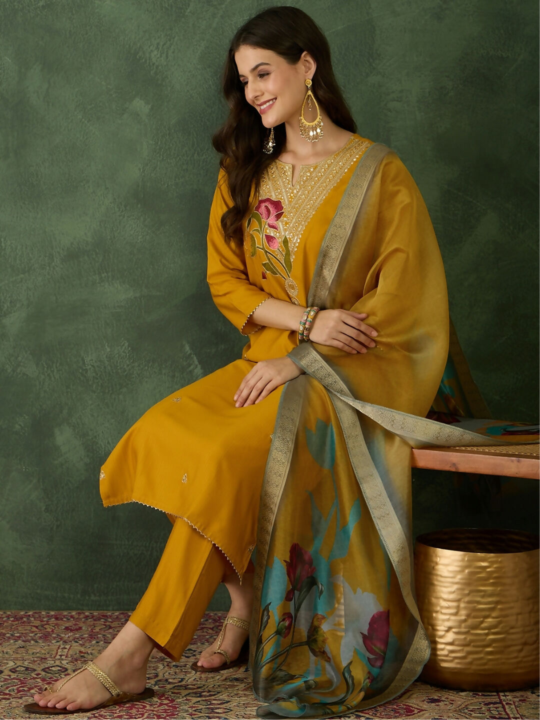 The52 Mustard Women's Beautiful Rayon Fabric Embroidered Work Straight Kurta, Pant and Dupatta Set - Swadesiicart