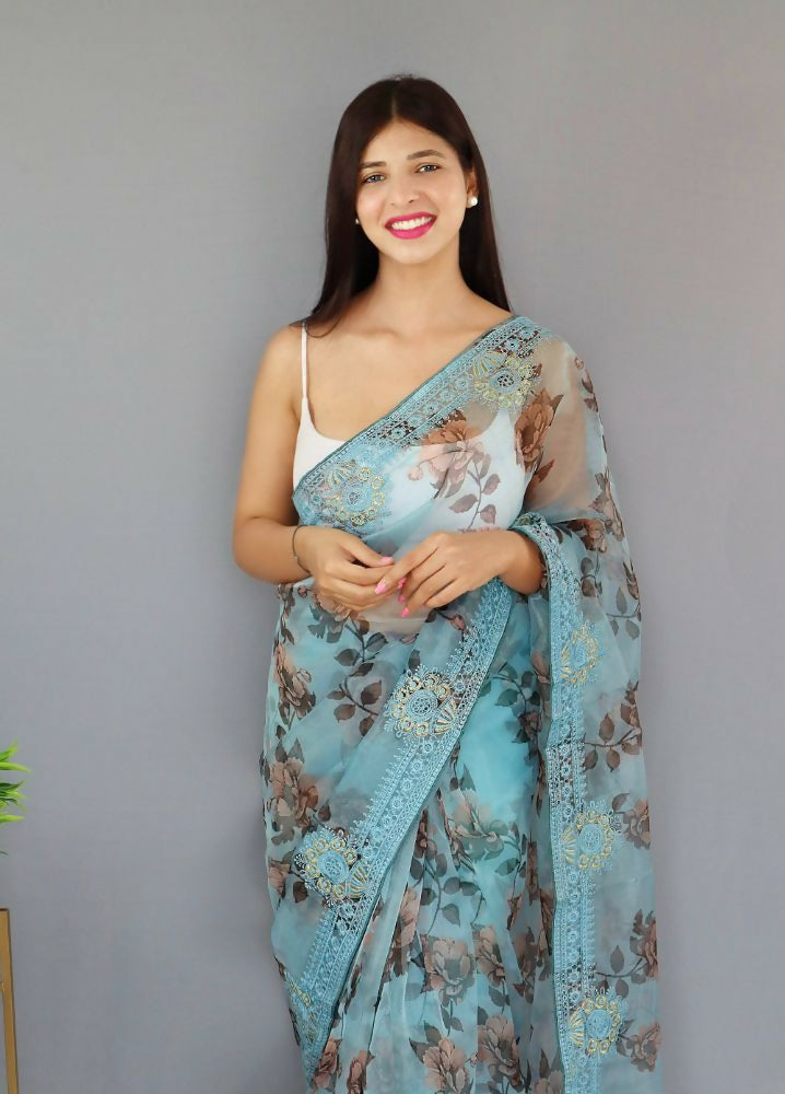 Vamsee Man Mohini Sky Organza Saree - Swadesiicart