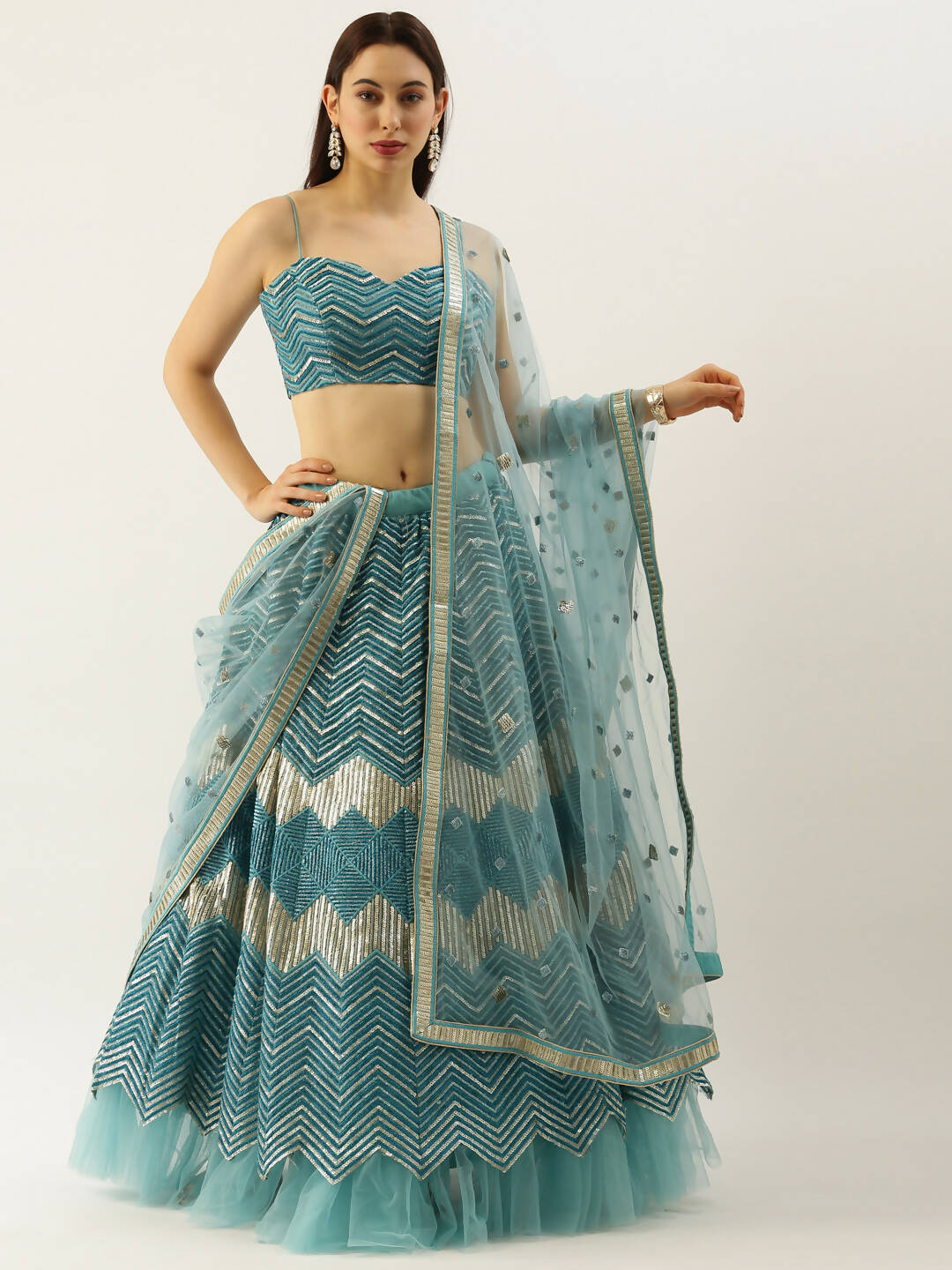 House of Panchhi Women Sea Green Net Zig-Zag Embroideried Lehenga, Blouse & Dupatta | Swadesiicart