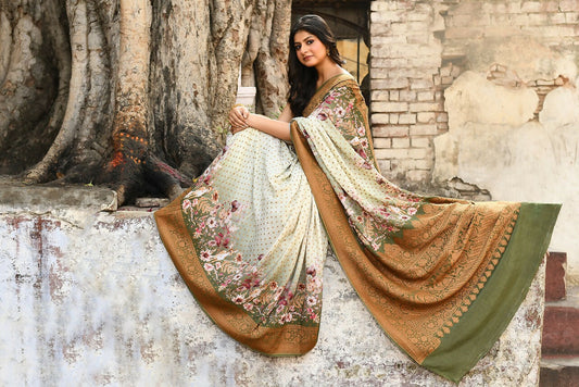 Joban Fashion Olive Green And Ivory Pure Crepe Pure Handloom Banarasi Silk Saree | Swadesiicart