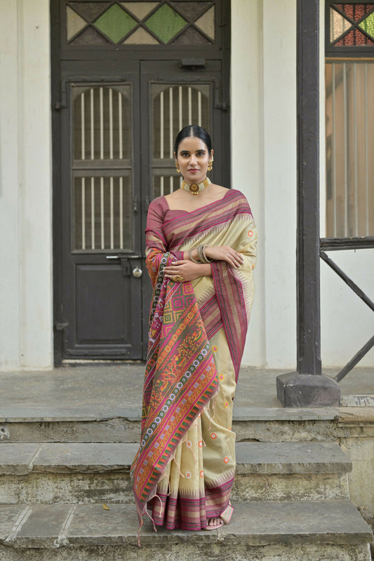 Vishnu Weaves Women's Chiku Handloom Raw Silk Saree with Blouse - Swadesiicart