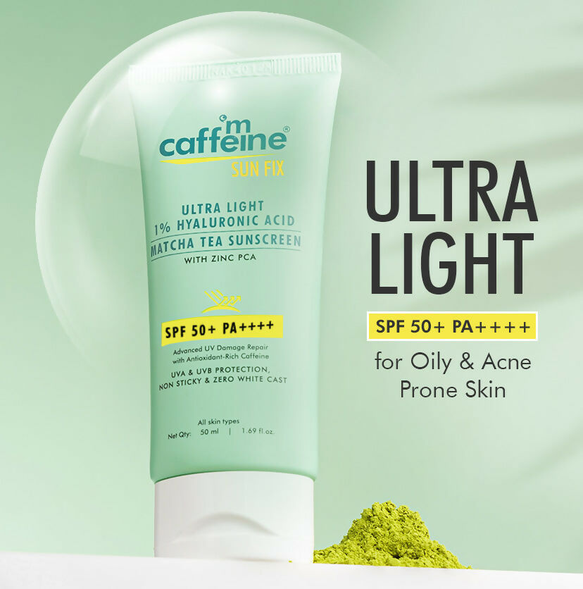 mCaffeine Sun Fix Ultra Light 1% Hyaluronic Acid Matcha Tea Sunscreen SPF 50+ PA++++ | Swadesiicart