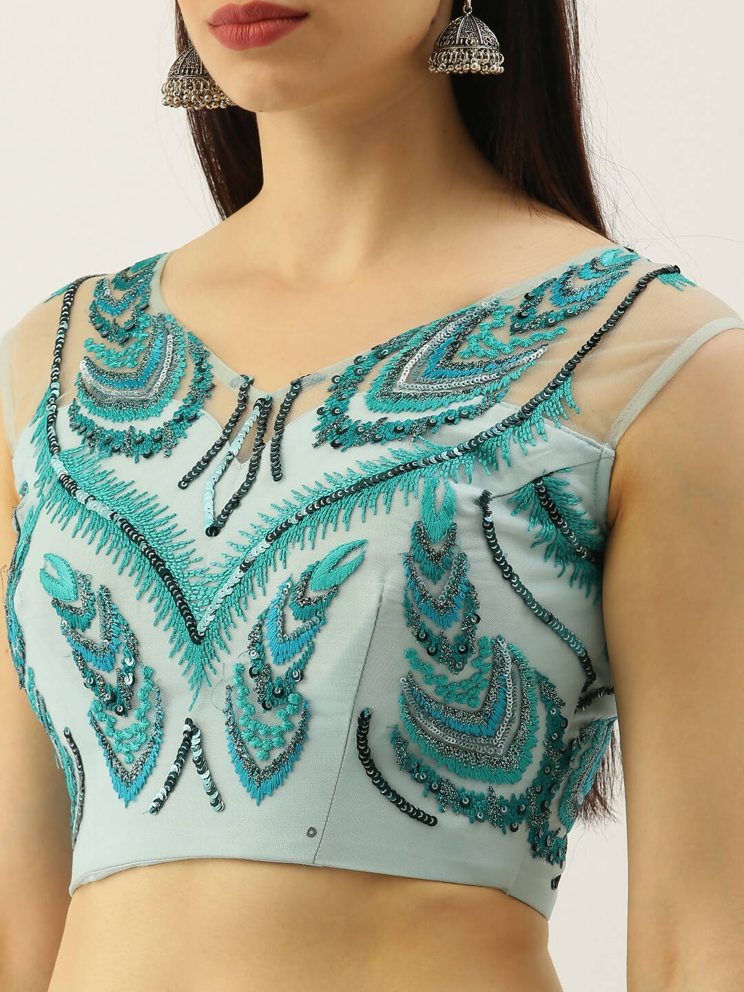 House of Panchhi Seagreen Net Sequins Embroidered Lehenga & Blouse with Dupatta | Swadesiicart