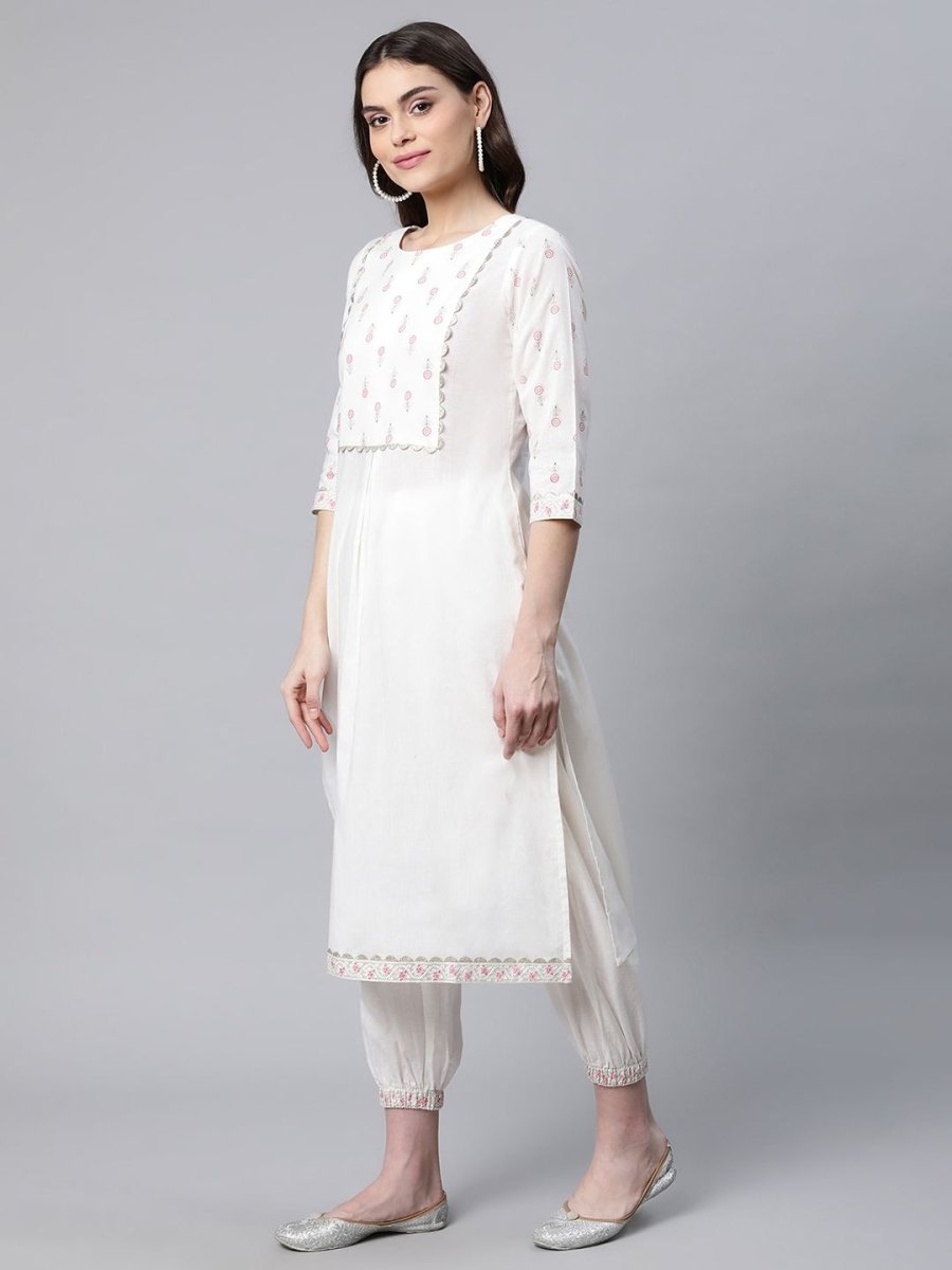 Ahalyaa Women Offwhite Pure Cotton Printed Floral Kurta With Trousers | Swadesiicart