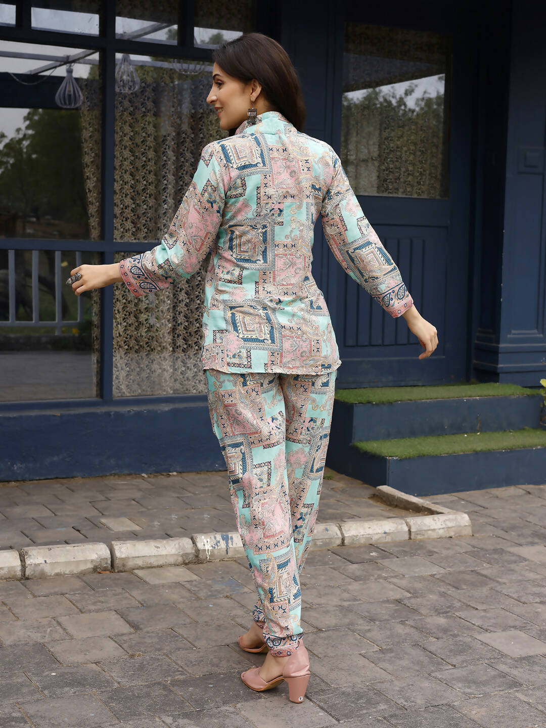 Pink & Blue Rayon Paisley Printed Top with Matching Bottom - Eesha - Swadesiicart