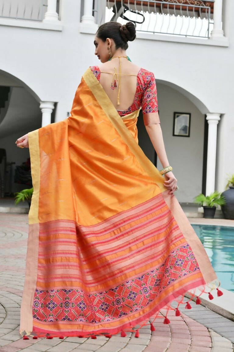 Vishnu Weaves Women's Mustard Raw Silk Patola Zari Woven Saree with Blouse - Swadesiicart
