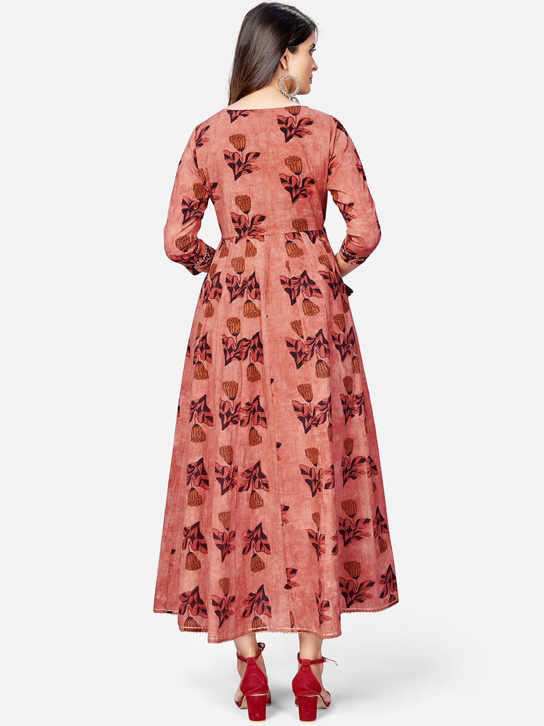 NOZ2TOZ Women's Printed & Hand Work Anarkali Cotton Brown Kurta (1Pc) - Swadesiicart