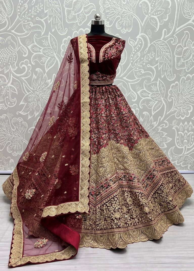Jyoti Fashion Women's Maroon Velvet Fancy Dori & Sequins Multi Thread Embroidered with Diamond Work Wedding Lehenga Choli | Swadesiicart