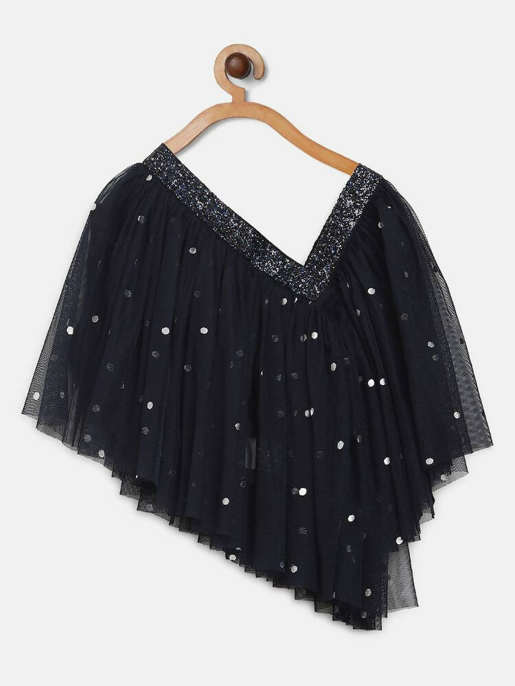 Ahalyaa Navy Blue Net Asymmetric Kids Top With Skirt For Girls | Swadesiicart